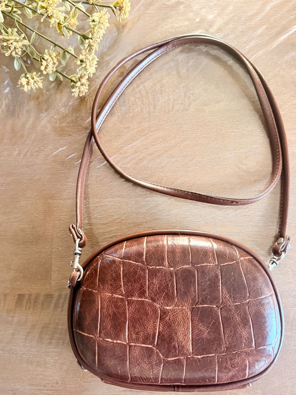 Brown Croc-Embossed Leather Crossbody Bag